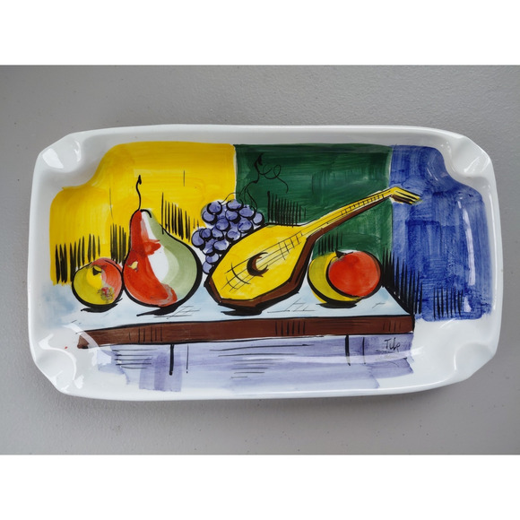 Tilp Other - Vintage Italian Ceramic Tray Dish Hand Painted Fruit Music 70's MCM Signed Artsy